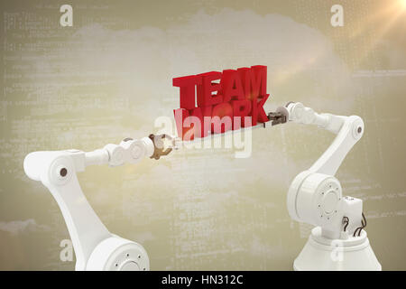 Metallic robotic hand holding team work text over white background against white Stock Photo