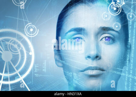Portrait of woman with brown eyes against binary codes and lines Stock Photo
