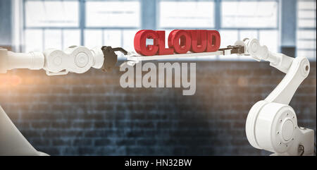 Metallic robotic hands holding cloud text on white background against digitally generated image of windows on brick wall Stock Photo