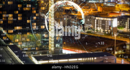 Image of earth with different times against illuminated beautiful buildings in city Stock Photo