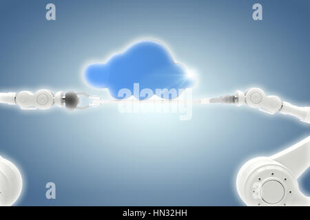 Robotic hands holding blue cloud over white background against blue vignette Stock Photo
