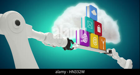 Robotic hands holding computer icons against white background against blue vignette Stock Photo