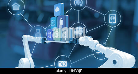 White robotic hands holding computer icons on blue background against red car Stock Photo