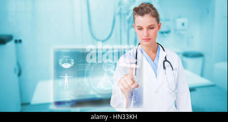 Doctor pointing the finger in the air  against medical biology interface in black 3d Stock Photo
