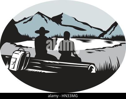 Ilustration of  two trampers campers sitting on a log, one is reading and the other is female with backpack leaning against the log, backdrop is meado Stock Vector
