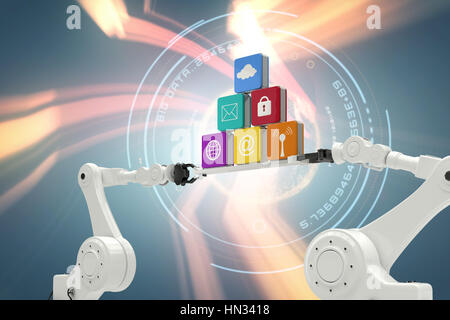obotic hands holding computer icons on white background against red vortex with orange light Stock Photo