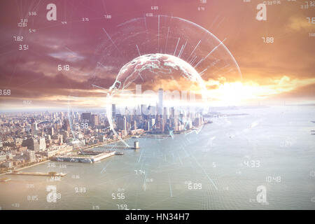 Image of earth with different times against city by the sea Stock Photo