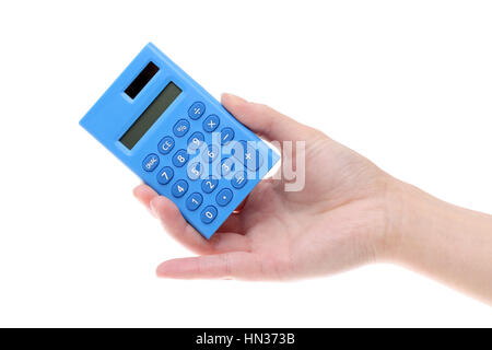 Hand holding small calculator isolated on white background Stock Photo