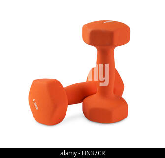 Two orange plastic coated dumbbells isolated on white Stock Photo