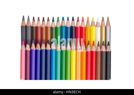 two rows of colored pencils isolated on white background Stock Photo