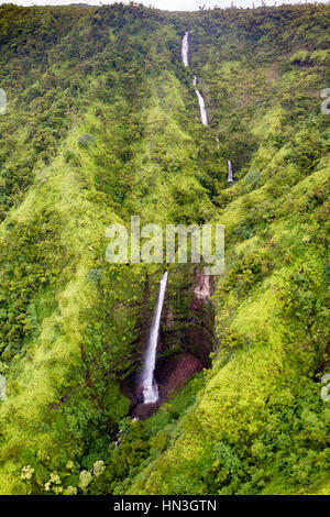 Aerial view of waterfalls in the moutains in Kauai, Hawaii, USA.