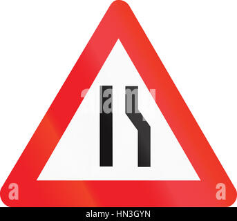 Belgian warning road sign - Road narrows on the right side. Stock Photo