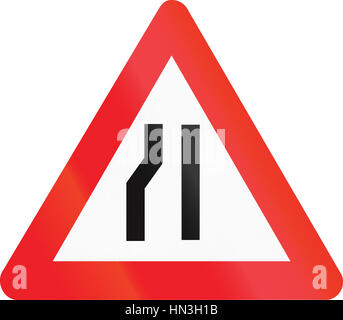 Belgian warning road sign - Road narrows on the left side. Stock Photo