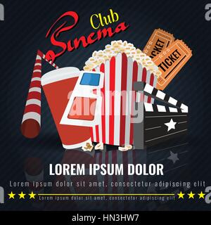 Beautiful Super Trendy Cinema Poster with handwrite calligraphy. Popcorn bowl, disposable cup for drinks with straw, ticket, 3d glasses. Cinema attrib Stock Vector