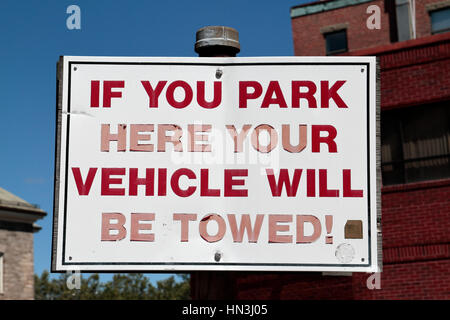 'If You Park Here Your Vehicle Will Be Towed' sign in Salem, Massachusetts, United States. Stock Photo