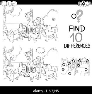 Black and White Cartoon Illustration of Finding Differences Educational Activity for Children with Purebred Dog Characters Coloring Book Stock Vector