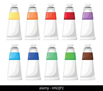 Paint Tubes Set Vector Illustration Cartoon Art materials icons set easel paint palette. Stock Vector