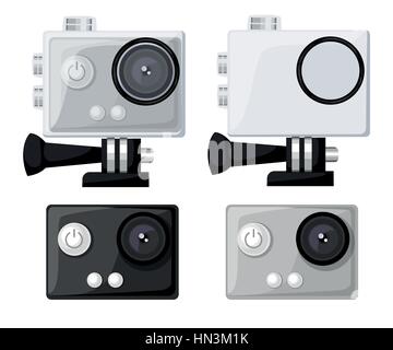 Action camera icons vector set flat style Realistic vector illustration. Gear for filming active rest. Stock Vector