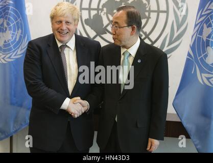 United Nations, New York, USA, July 22 2016 - United Kingdom Minister of Foreign Affairs Boris Johnson Visiting the UN Secretary General Ban Ki-Moon to Discuss Terrorism today at the UN Headquarters in New York. Photo: Luiz Rampelotto/EuropaNewswire | usage worldwide Stock Photo