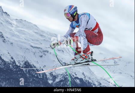 St. Moritz, Germany. 08th Feb, 2017. Carlo Janka from Switzerland in action during the men's Super-G competition at the Alpine Skiing World Cup in St. Moritz, Germany, 08 February 2017. Photo: Michael Kappeler/dpa/Alamy Live News Stock Photo