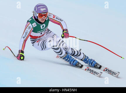 St. Moritz, Germany. 08th Feb, 2017. Viktoria Rebensburg from Germany in action during the women's downhill at the Alpine Skiing World Cup in St. Moritz, Germany, 08 February 2017. Photo: Michael Kappeler/dpa/Alamy Live News Stock Photo