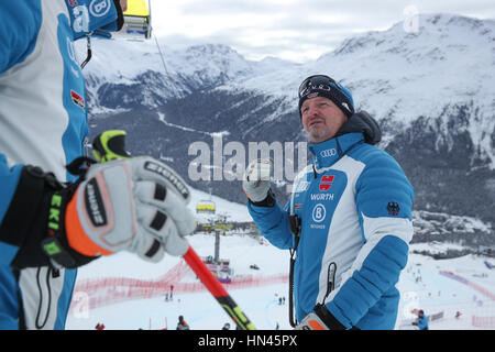 St. Moritz, Germany. 08th Feb, 2017. German national coach Mathias Berthold visiting the course at the Alpine Skiing World Cup in St. Moritz, Germany, 08 February 2017. Photo: Michael Kappeler/dpa/Alamy Live News Stock Photo