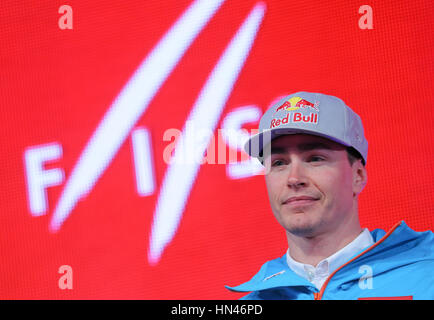St. Moritz, Germany. 08th Feb, 2017. Erik Guay of Canada at the victory ceremony for the Super G men's event at the Alpine Skiing World Cup in St. Moritz, Germany, 08 February 2017. Photo: Michael Kappeler/dpa/Alamy Live News Stock Photo