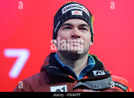 St. Moritz, Germany. 08th Feb, 2017. Vincent Kriechmayer of Austria ranked 5th at the Super G men's event at the Alpine Skiing World Cup in St. Moritz, Germany, 08 February 2017. Photo: Michael Kappeler/dpa/Alamy Live News Stock Photo