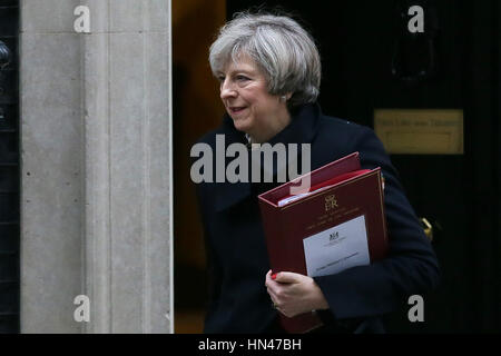 London, UK. 8th Feb, 2017. British Prime Minister Theresa May leaves 10 Downing Street for Prime Minister's questions at the House of parliament in London, UK., Feb. 8, 2017. The British House of Commons on Wednesday night passed the Brexit Bill which gives the British government the power to begin the formal process of Britain leaving the European Union. Credit: Tim Ireland/Xinhua/Alamy Live News Stock Photo