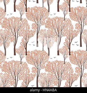 Fall nature wildlife seamless pattern Autumn trees background Plant with leaves. Forest birds ornamental endless pattern Stock Vector