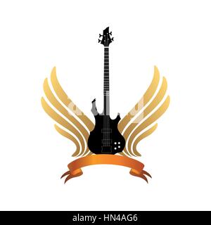 musical illustration with silhouettes of guitar, wings. Rock music symbol. Electric guitar with wings and bow ribbon for text. Muical instrument backg Stock Vector