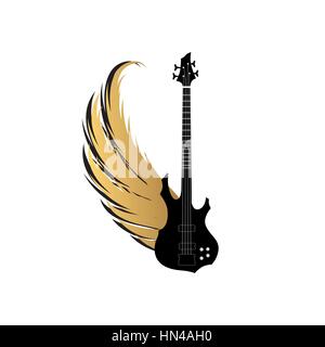 musical illustration with silhouettes of guitar, wings. Rock music symbol. Electric guitar with wings and bow ribbon for text. Muical instrument backg Stock Vector