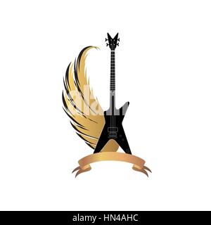 musical illustration with silhouettes of guitar, wings. Rock music symbol. Electric guitar with wings and bow ribbon for text. Muical instrument backg Stock Vector