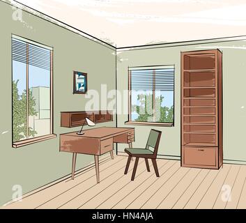 Home interior work palce furniture with chair, armchair, table, shelf, window. Office room design. Engraved hand drawing workpalce colored vector illu Stock Vector