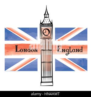 Grunge UK flag with London famous Westminster abbey tower. Travel Great Britain  background with painted UK flag. English landmark Big Ben Stock Vector
