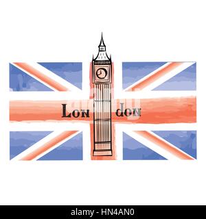 Grunge UK flag with London famous Westminster abbey tower. Travel Great Britain  background with painted UK flag. English landmark Big Ben Stock Vector