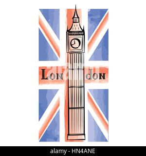 Grunge UK flag with London famous Westminster abbey tower. Travel Great Britain  background with painted UK flag. English landmark Big Ben Stock Vector