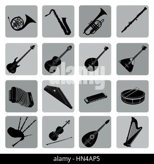 Musical instruments icon set. Folk, classical, jazz, ethnic, rock music symbols Stock Vector