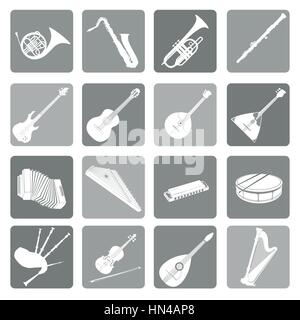 Musical instruments icon set. Folk, classical, jazz, ethnic, rock music symbols Stock Vector