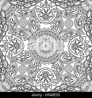 Floral ornament Mandala semless pattern. Black and white ornamental texture. Geometric flower vector tiled background Stock Vector