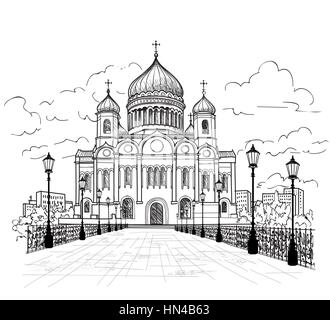 Cathedral of Christ the Saviour in Moscow, Russia. Russian famous building. Moscow city view. Yand drwn sketch vector illustration Stock Vector