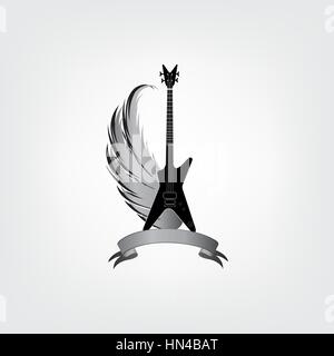 Rock music symbol. Electric guitar with wings. Winged guitar with ribbon for band or festival name. Vintage vector label  illustration Stock Vector