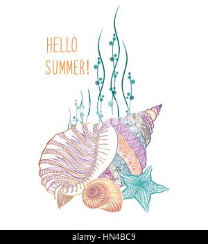 Abstract summer background. Summer holidays cover with sea inhabitants. Hello summer greeting card. Doodle vector illustration Stock Vector