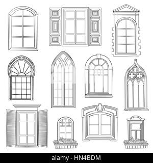 Window set. Different architectural style of windows doodle sketch stylish collection Stock Vector