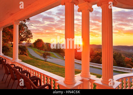 Sunrise, Moses Cone Mansion Porch, Moses Cone Memorial Park, Blue Ridge Parkway, North Carolina, USA Stock Photo