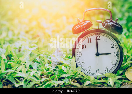 3 o'clock retro clock in the garden grass field with sun light. Stock Photo