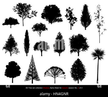 Silhouette Shadow black tree or alpha mask of Tree Autumn season set for architecture landscape design, 3D Tree isolated on white No.2 Stock Photo