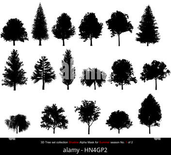 Silhouette Shadow black tree or alpha mask of Tree Summer season set for architecture landscape design, 3D Tree isolated on white No.1 Stock Photo