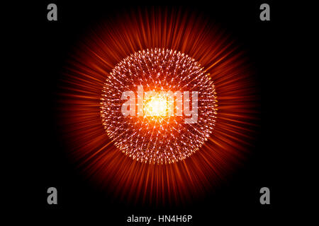 CG model structure form of Nucleus Atom Nuclear explode bomb emit x-ray radiation or light injection of magnetic fields and particles from the central Stock Photo