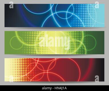 Set of abstract colorful banners with circles and half tone pattern. Vector illustration. Stock Vector